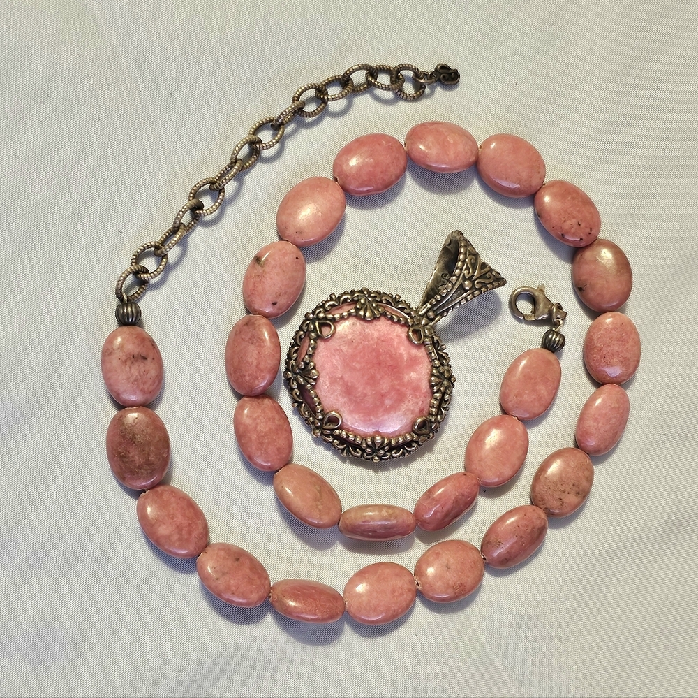 Carolyn Pollack Southwest Sterling Silver Pink Rhodonite Beaded Necklace Pendant - Picture 3 of 8